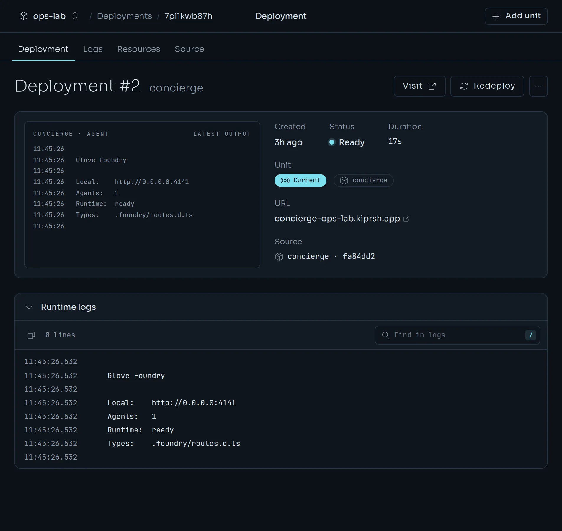 The page of one deployment with its log preview and runtime logs.