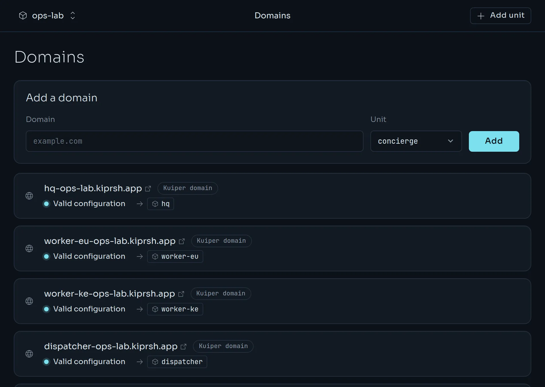 The Domains page with a form to add a domain and a list of the project's addresses, each valid.