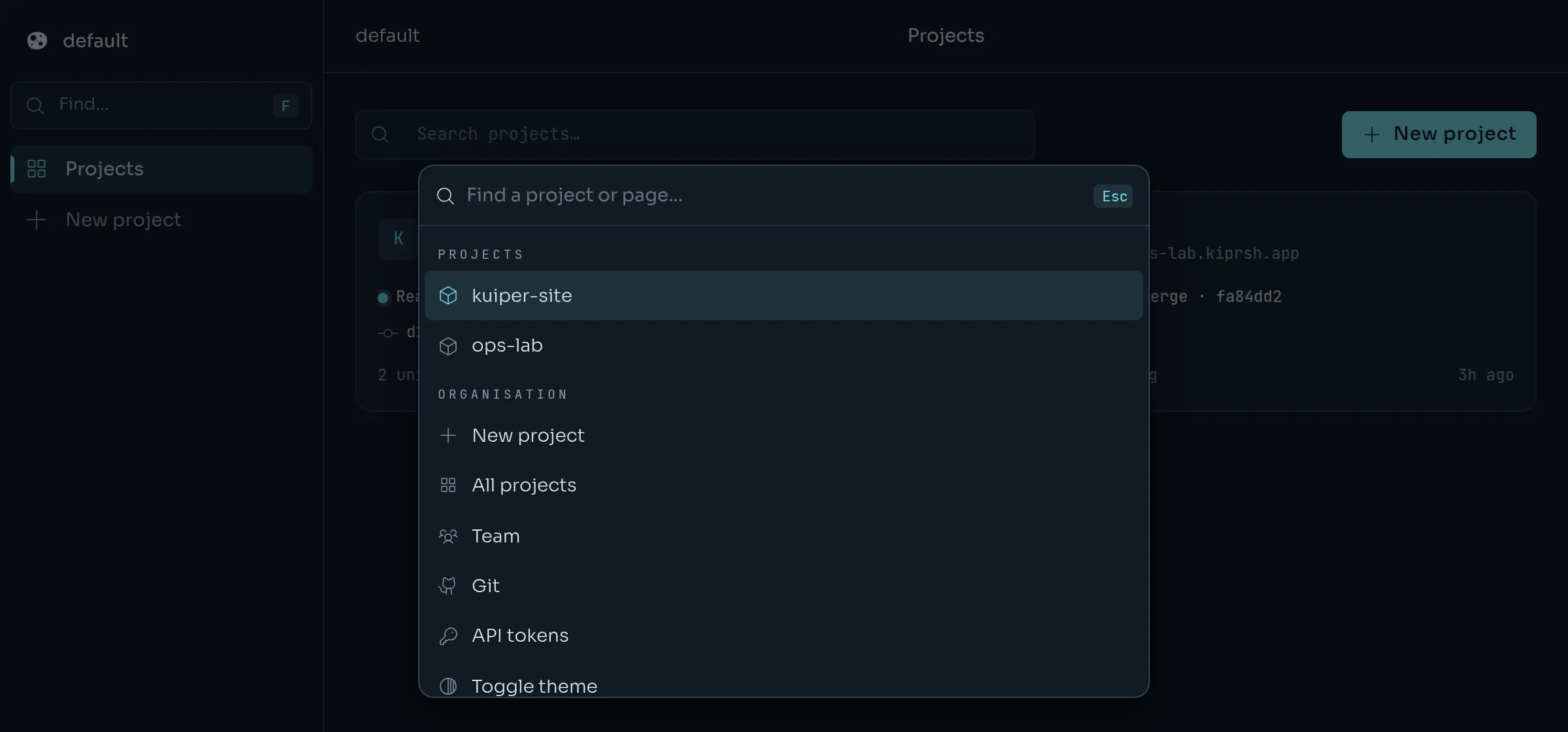 The Find palette listing projects and organisation pages.