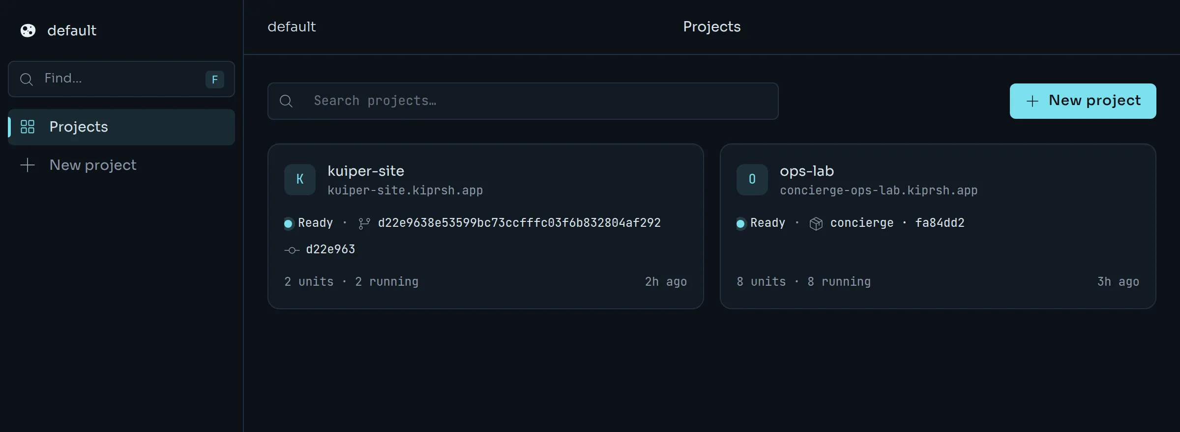 The projects page with a card for each project.