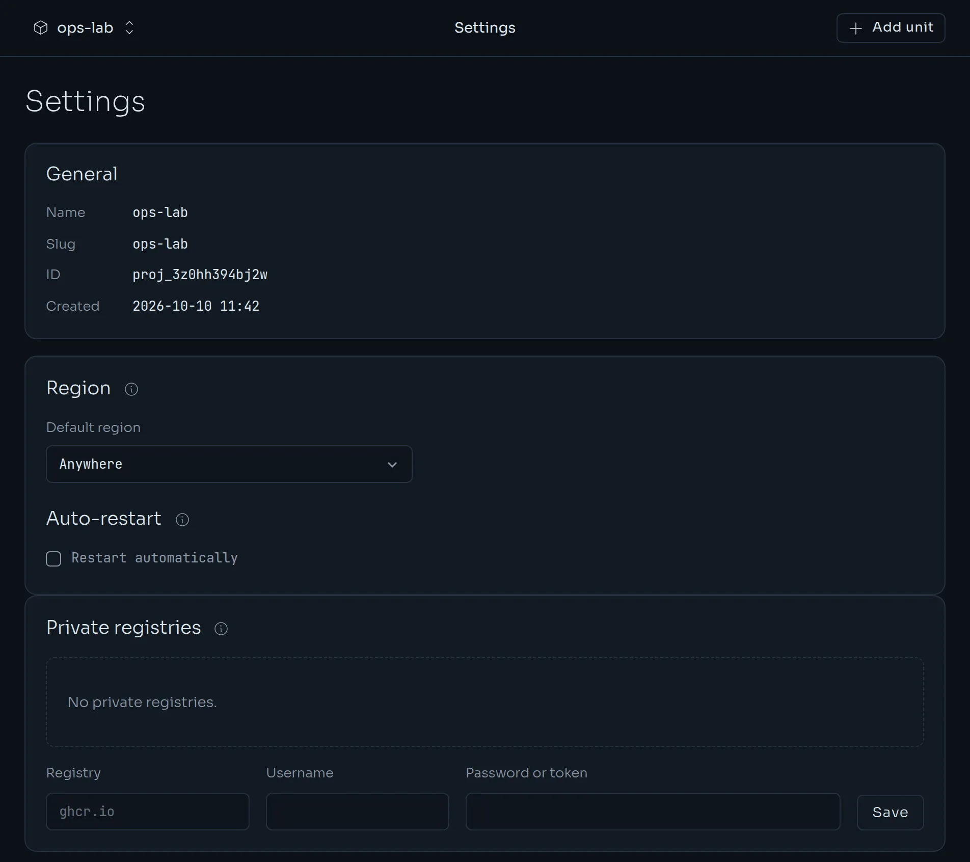 The project settings page with the general details, default region, auto-restart and private registries.